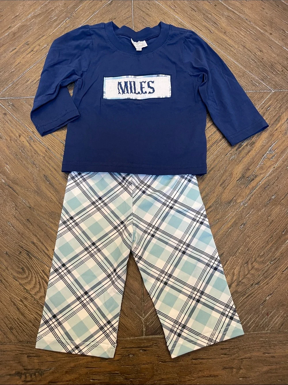 Sew Magnolia Smocks Navy and Light Blue Plaid Pant Set - Personalized 'Miles'